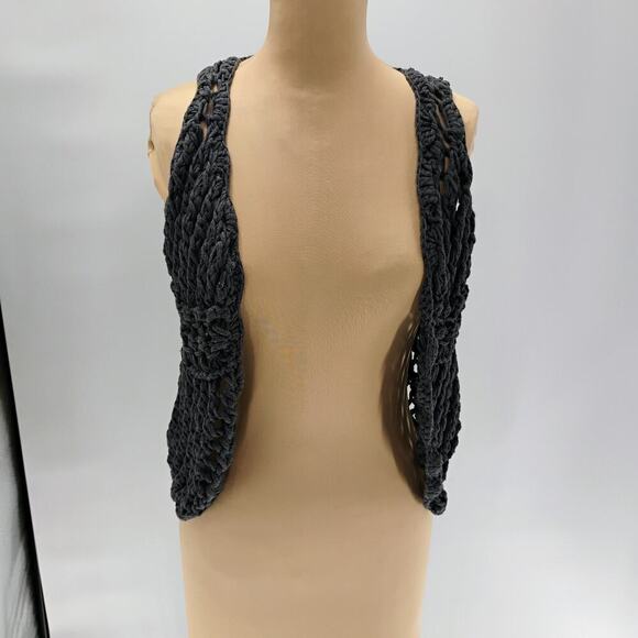 VTG Y2K Womens Top 18W Dove Gray Open Crochet Sleeveless Vest Boho Hippie Beachy - Picture 1 of 12